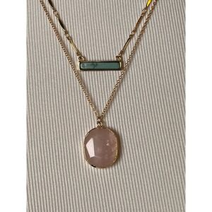 LOFT Layered Gold Tone Necklace Pink Stone Turquoise Bar Pendant Adjustable‎
